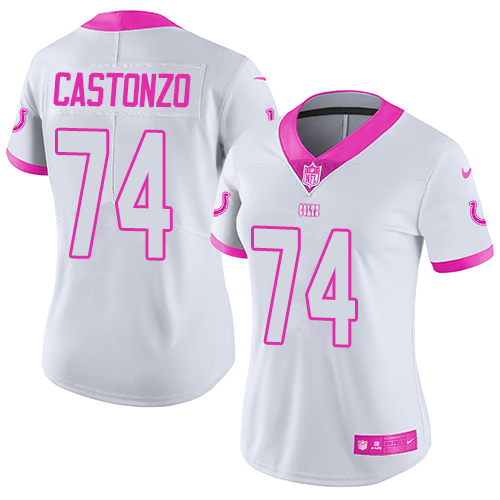 Women's Limited Anthony Castonzo Nike Jersey White/Pink - #74 Rush Fashion NFL Indianapolis Colts